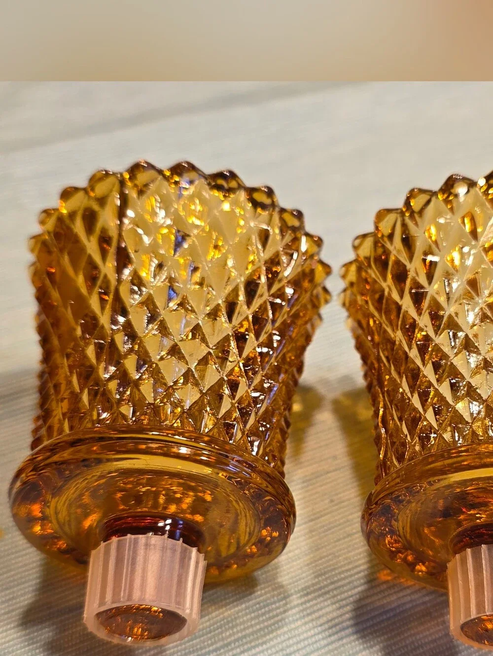 VTG MCM Amber Glass Diamond Point Peg Candle Cups Set Of 2